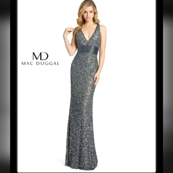 MAC DUGGAL, Sequin V-Neck Empire-Waist Sleeveless Column Dress, Charcoal, Size 8 - Picture 1 of 16